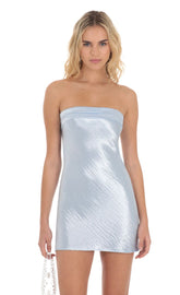 Satin Strapless Slip Dress in Light Blue